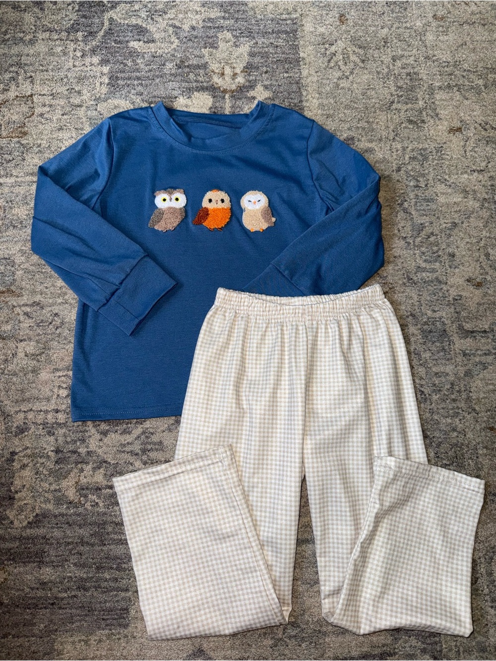 2pc Boys Boutique Outfit - Blue Embroidered Owl LS Top + Beige Gingham Pants 🦉
